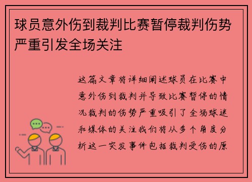 球员意外伤到裁判比赛暂停裁判伤势严重引发全场关注