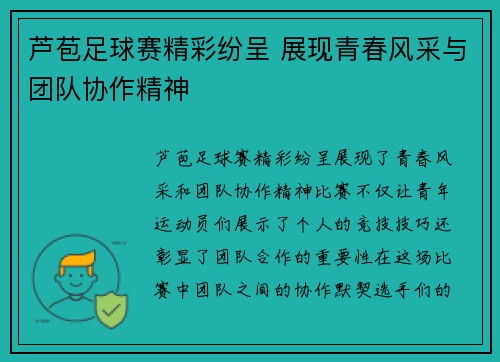芦苞足球赛精彩纷呈 展现青春风采与团队协作精神