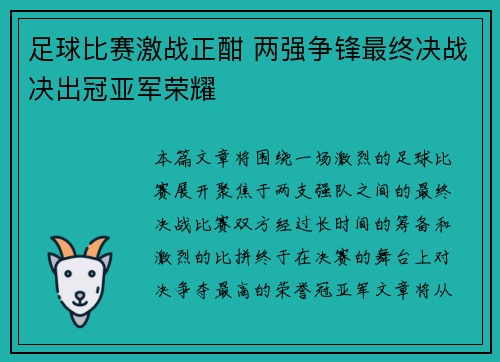 足球比赛激战正酣 两强争锋最终决战决出冠亚军荣耀