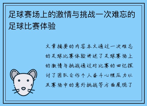 足球赛场上的激情与挑战一次难忘的足球比赛体验