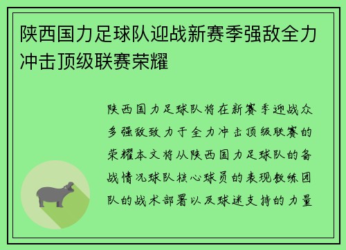陕西国力足球队迎战新赛季强敌全力冲击顶级联赛荣耀