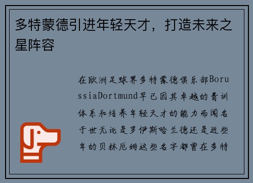 多特蒙德引进年轻天才，打造未来之星阵容