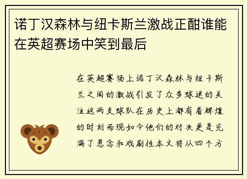 诺丁汉森林与纽卡斯兰激战正酣谁能在英超赛场中笑到最后