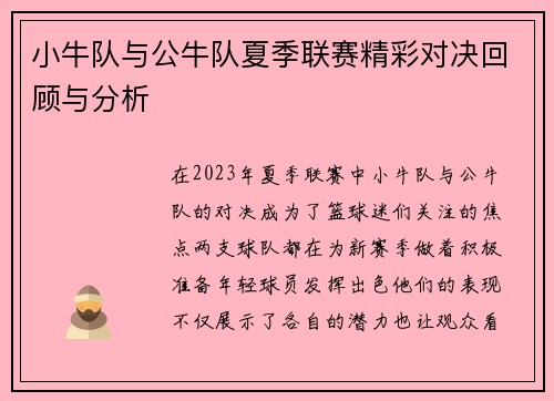 小牛队与公牛队夏季联赛精彩对决回顾与分析