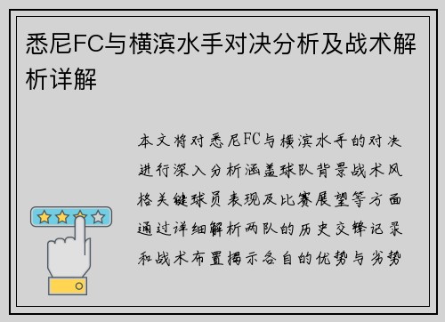 悉尼FC与横滨水手对决分析及战术解析详解