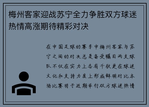梅州客家迎战苏宁全力争胜双方球迷热情高涨期待精彩对决