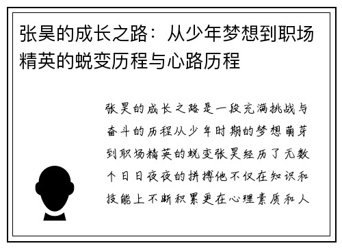 张昊的成长之路：从少年梦想到职场精英的蜕变历程与心路历程
