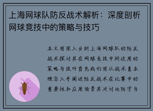 上海网球队防反战术解析：深度剖析网球竞技中的策略与技巧