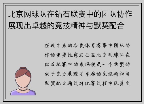 北京网球队在钻石联赛中的团队协作展现出卓越的竞技精神与默契配合
