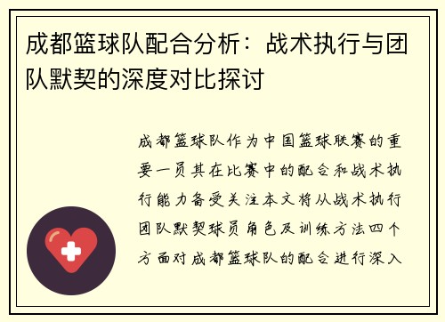 成都篮球队配合分析：战术执行与团队默契的深度对比探讨